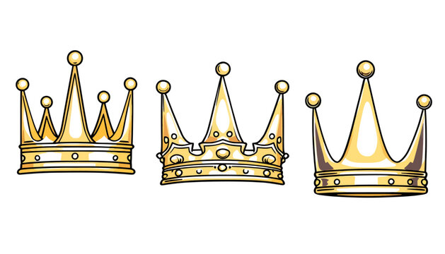 Three golden crowns, each with a unique design and regal appearance, are presented as vector graphics suitable for a variety of design projects.