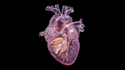A transparent,  pink anatomical model of a human heart, showcasing its intricate internal structures and a collection of small, colorful objects.