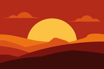 Fototapeta premium Vibrant sunset over rolling hills with stylized clouds and warm color palette