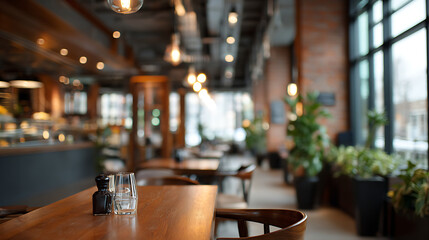 Wooden table with glass and pepper shaker in cozy restaurant interior with warm lighting and plants