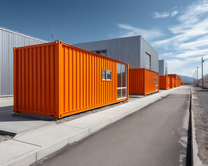 Orange shipping container buildings lined up paved street blue sky with clouds, creating industrial and modern atmosphere