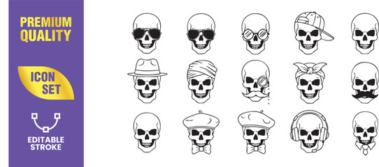 Icon set of skulls with various accessories vector illustration of bone skeleton with hat, glasses, headphone gothic tattoo design halloween concept premium quality