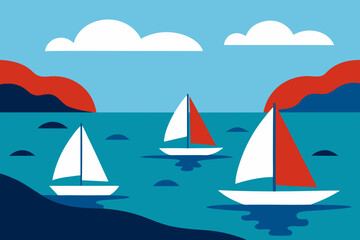 Fototapeta premium Three sailboats with red and white sails glide across a blue ocean