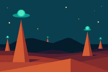 Naklejka premium Alien spacecraft hover over a desolate alien planet landscape at night