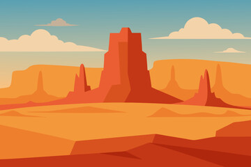Vibrant flat illustration of a desert landscape with mesas and buttes under a blue sky