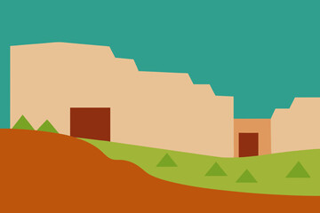 Abstract desert landscape with adobe structures and green hills under a teal sky