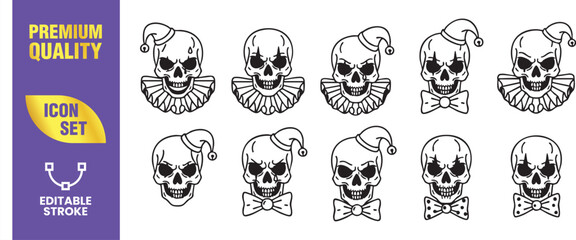 Set of ten vector line art skull icons collection of skulls in jester costume, with ruff collar and bow tie halloween concept vector illustration