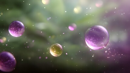 Floating spheres of iridescent purple and yellow, suspended in a soft, out-of-focus green and mauve background, showcasing a captivating interplay of light and color.