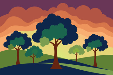 Stylized landscape with rolling hills and trees under a colorful sunset sky