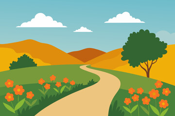 Fototapeta premium Curving path through rolling hills and fields of flowers under a blue sky