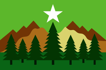 Obraz premium Stylized mountain landscape with evergreen trees and a bright star