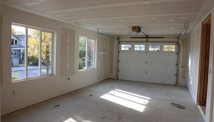 Empty unfinished garage interior with sunlight coming through windows creating calm and spacious atmosphere