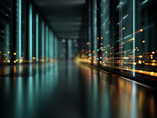 Data center corridor with glowing fiber optic cables and reflective floor creating futuristic atmosphere