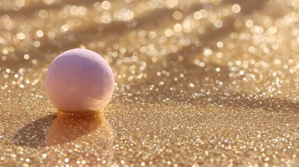A delicate, pastel-pink sphere rests on a bed of shimmering golden glitter, creating a beautiful and festive visual.