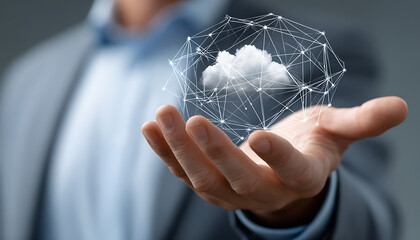 Cloud technology concept with digital network and cloud icon in businessman hand