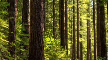 Fototapeta premium Lush green forest with towering trees, sunlight filtering through leaves, serene natural environment