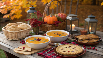 Cozy autumn outdoor dining table set with warm pumpkin soup crusty bread a fruit pie and decorative lanterns amidst fall foliage and vibrant leaves creating a festive harvest celebration scene