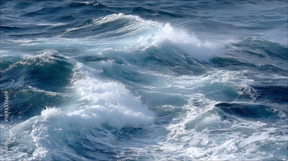 Poster powerful ocean waves crash against each other, showcasing a dynamic interplay of dark blues and whit
