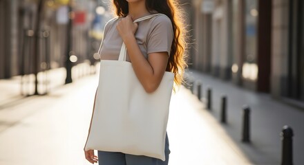 A young woman walks down a sun-drenched street holding a plain white tote bag, showcasing an eco-friendly and reusable shopping bag alternative for everyday use and sustainable living