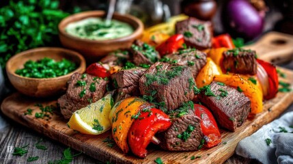 Fototapeta premium Grilling beef kebabs with vegetables outdoor kitchen food photography rustic setting close-up culinary delight