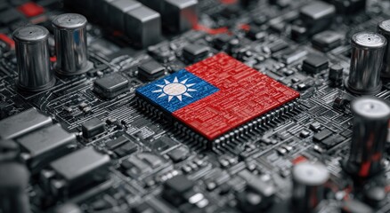 A circuit board with a chip in the shape of the Taiwanese flag