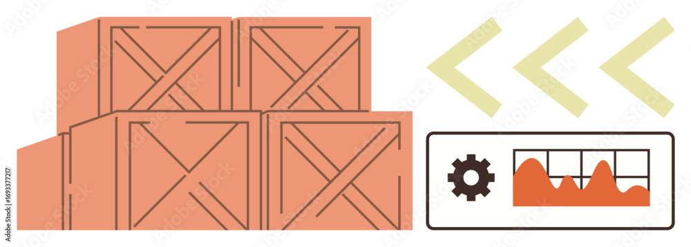 Poster stacked wooden crates next to performance chart with gear icon and three arrows. ideal for logistics