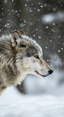 Obraz premium Side profile of a gray wolf exhaling in cold air, detailed fur texture, snowy background
