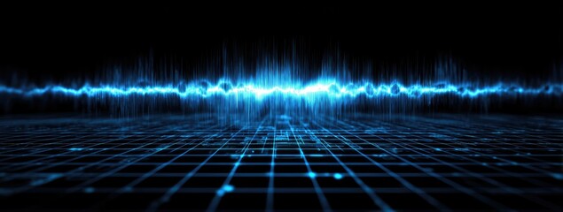 Abstract digital landscape with glowing blue waveforms and grid