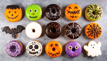  A vibrant top-down view of Halloween themed donuts on a rustic surface. Each donut is uniquely decorated, featuring spooky designs like jack-o'-lanterns, mummies, and spiderwebs.  
