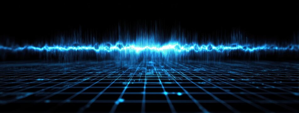 Abstract digital landscape with glowing blue waveforms and grid