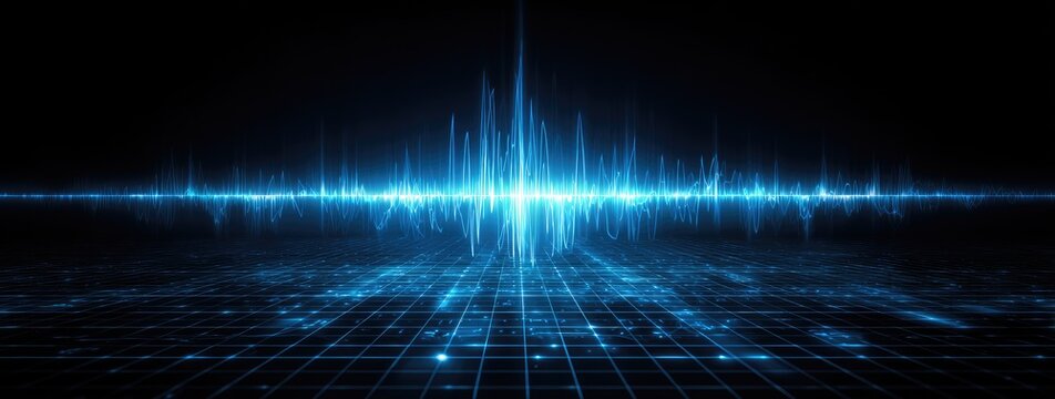 Abstract digital landscape with glowing blue waveforms and grid pattern - Powered by Adobe