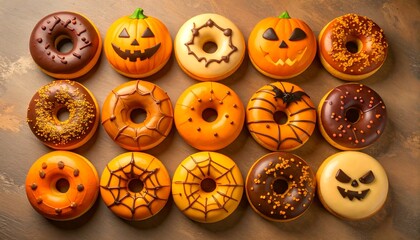  A vibrant top-down view of Halloween themed donuts on a rustic surface. Each donut is uniquely decorated, featuring spooky designs like jack-o'-lanterns, mummies, and spiderwebs.  