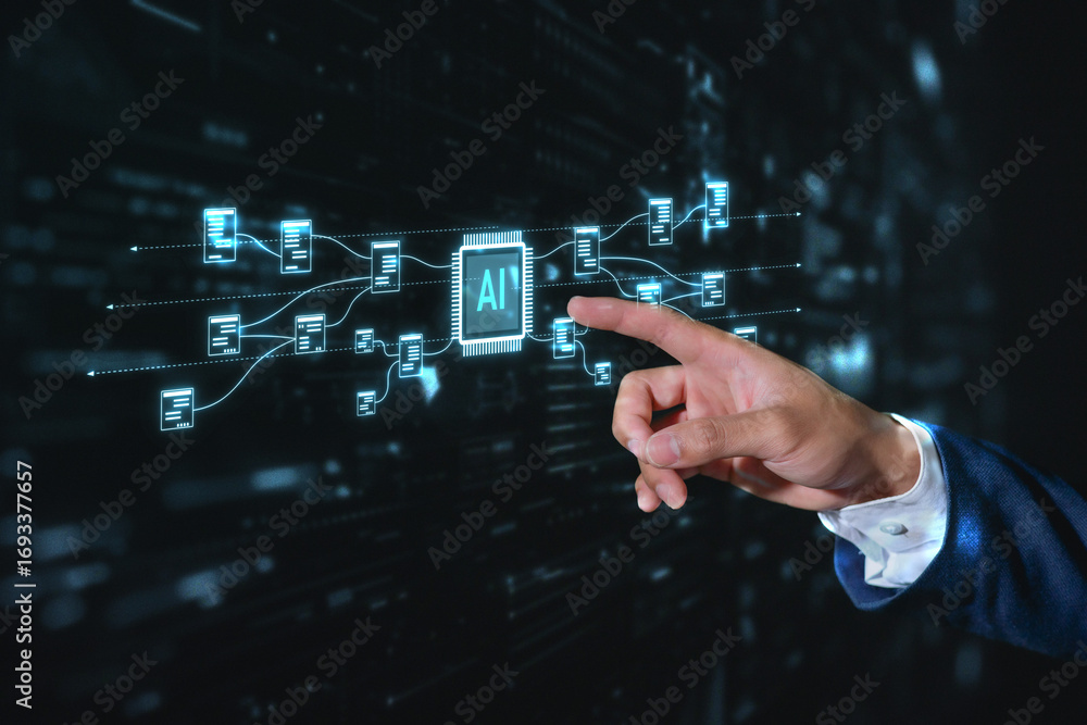 Leinwandbilder hand pointing at ai chip and digital network interface, symbolizing artificial intelligence, data pr