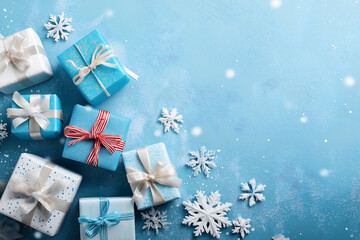 Fototapeta premium Christmas gifts background with snowflakes for holiday season festive