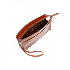 Detail Of tan leather handbag isolated on white background, perfect for leather product catalog...
