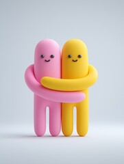 Two colorful, cartoon-like figures, one pink and one yellow, embrace each other, exuding a sense of friendship and joy.
