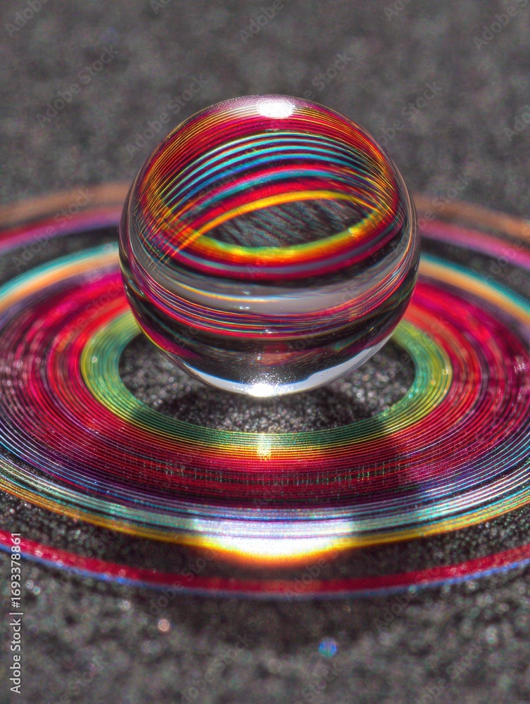 Poster a clear water droplet rests on a dark textured surface, creating rainbow patterns around it, illumin