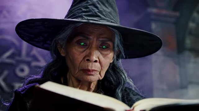 A witch wearing a black hat gray hair and a black robe holding an open book with glowing green eyes The background has a purple haze