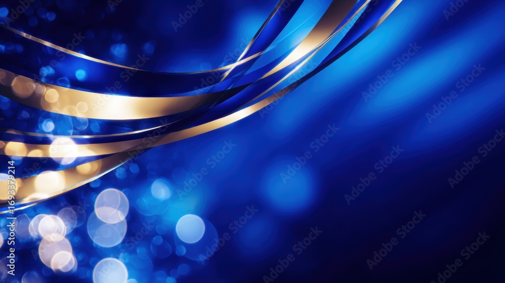 Poster abstract blue background with flowing golden ribbons and soft bokeh lights creating a festive atmosp