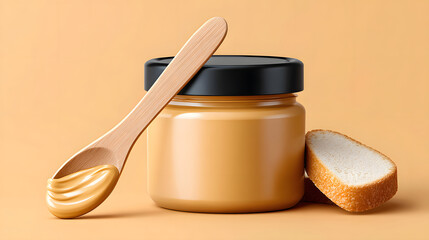 Creamy peanut butter glass jar black lid wooden spoon bread slice beige background smooth texture nut spread breakfast snack