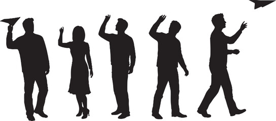 Group of Business People Silhouettes Interacting with Flying Paper Airplanes Symbolizing Innovation and Future Goals