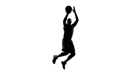 Fototapeta premium Dramatic silhouette of basketball player mid-air reaching for the ball during game moment