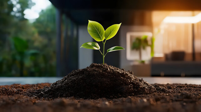 Fototapeta Green sapling young plant fresh leaf soil mound macro nature soft light growth concept eco symbol ecology theme hope mood sits center, bathed warm glow rich soil indoors, inspiring renewal