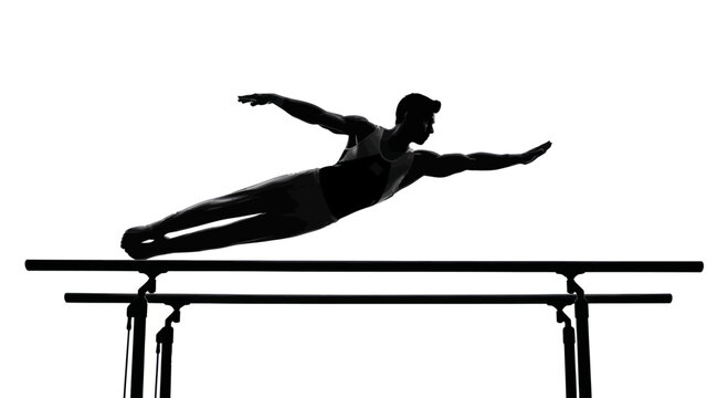 Gymnast silhouette executing a daring maneuver on parallel bars with graceful artistry and