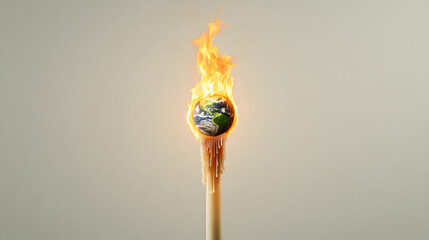 Burning match globe melting wax fire climate change heat environmental crisis pollution global warming danger. Burning match with globe fire, melting wax dripping, climate change heat