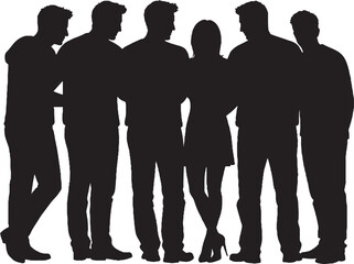 Group of Six Diverse People Silhouettes, Five Men and One Woman Standing Together Vector