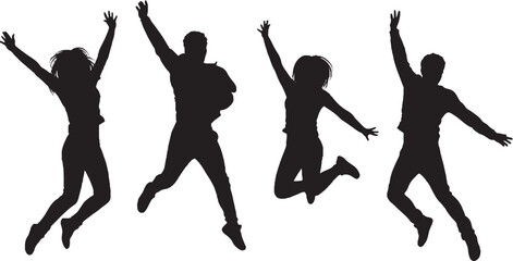 Energetic Group of Diverse People Jumping Silhouettes, Joy and Celebration Vector Graphic