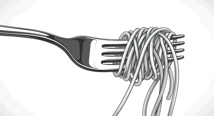 Stylized illustration featuring spaghetti twirled around a fork against a white background