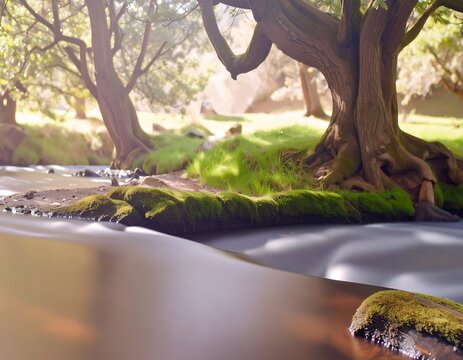 Peaceful stream flowing under trees