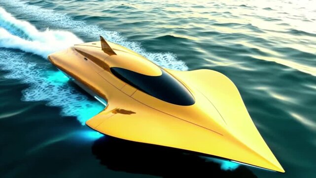 A futuristic speed boat with a sleek, aerodynamic design and bright yellow color. The boat is moving through the water, leaving a trail of waves and spray behind it.